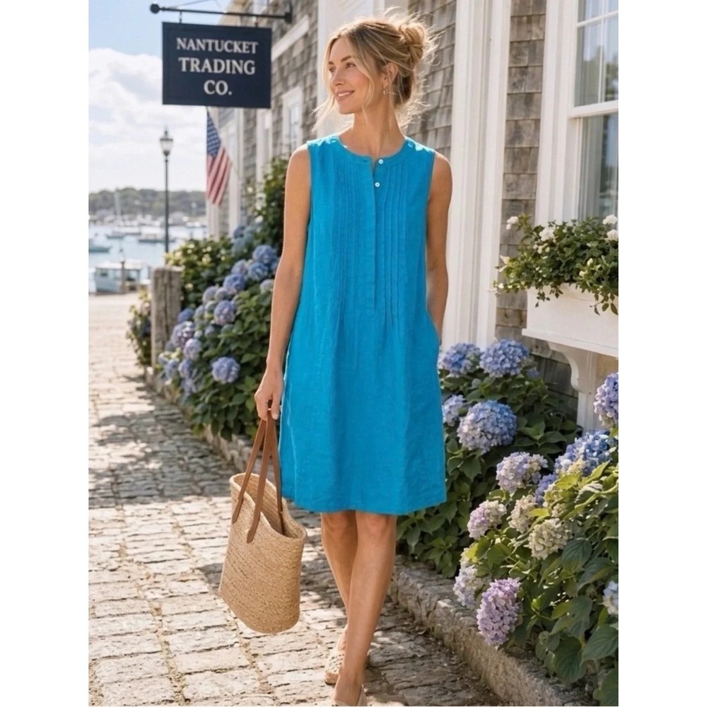 J. Jill Love Linen Sleeveless Midi Dress Blue Pintuck Front Pockets Med Petite